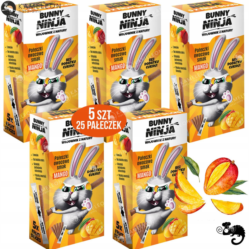 BUNNY NINJA przekąska PAŁECZKI OWOCOWE 5szt bez dodatk cukru smak MANGO 50G
