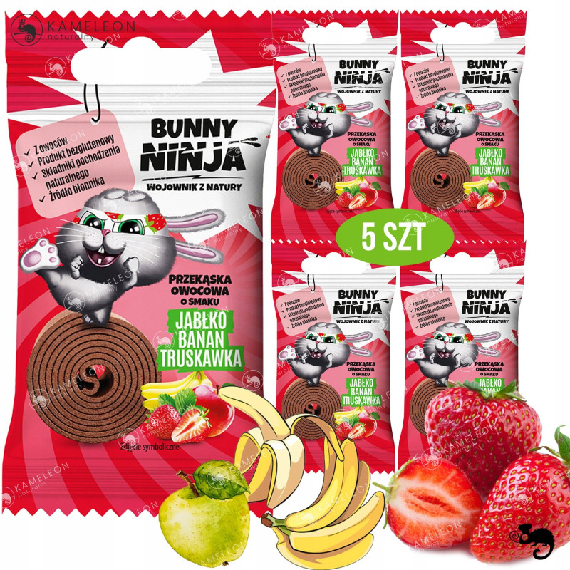 BUNNY NINJA rolls zakręcona przekąska BEZ CUKRU JABŁKO BANAN TRUSKAWKA 5szt