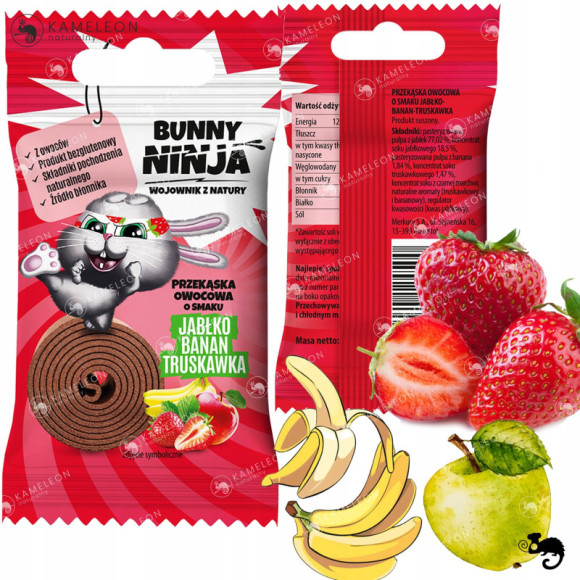 BUNNY NINJA rolls zakręcona przekąska BEZ CUKRU JABŁKO BANAN TRUSKAWKA 5szt BUNNY NINJA rolls zakręcona przekąska BEZ CUKRU JABŁKO BANAN TRUSKAWKA 5szt