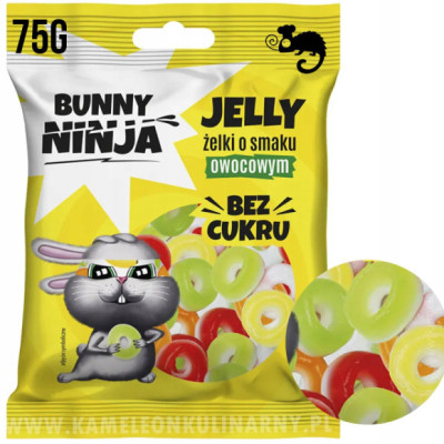 BUNNY NINJA ŻELKI OWOCOWE O SMAKU OWOCOWYM kolorowe KÓŁECZKA BEZ CUKRU 75g