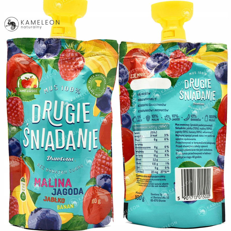 Dawtona DRUGIE ŚNIADANIE MUS 100% OWOCOWY MALINA JAGODA JABŁKO BANAN 100G