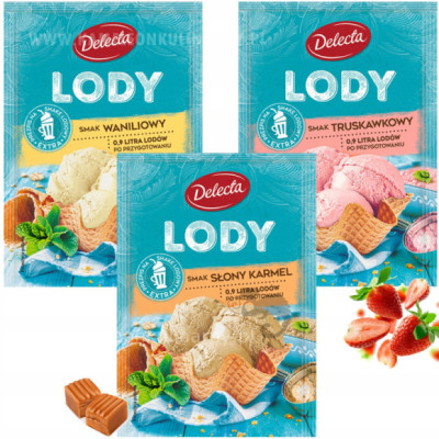 DELECTA LODY W PROSZKU mix 3 smaków WANILIA TRUSKAWKA SŁONY KARMEL na 2,7L