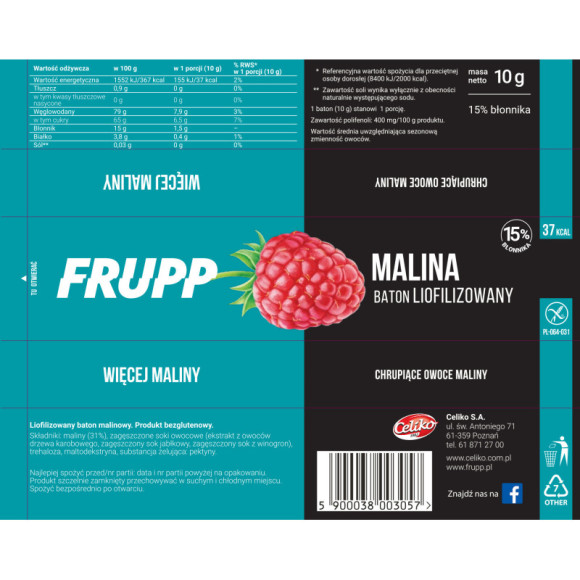 FRUPP MALINA wege BATON LIOFILIZOWANY Bez cukru Glutenu CELIKO 10g x15 150G FRUPP MALINA wege BATON LIOFILIZOWANY Bez cukru Glutenu CELIKO 10g x15 150G