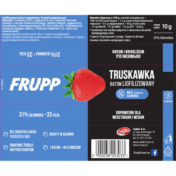 FRUPP TRUSKAWKA BATON TRUSKAWKOWY LIOFILIZOWANY bez cukru gluten 10g Celiko FRUPP TRUSKAWKA BATON TRUSKAWKOWY LIOFILIZOWANY bez cukru gluten 10g Celiko