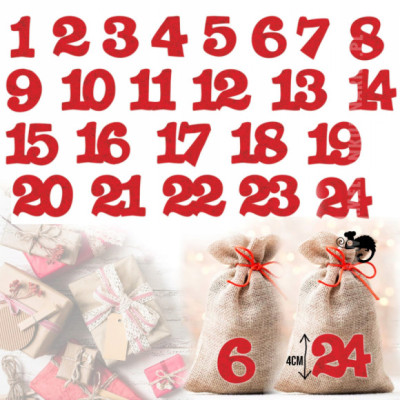 KALENDARZ ADWENTOWY CYFRY KALENDARZA NAKLEJKI FILCOWE 1-24 czerwone wys 4cm