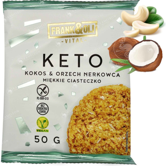 FRANK&OLI KETO MIĘKKIE wegańskie CIASTKO CIASTECZKO KOKOS & NERKOWIEC 50G bez cukru FRANK&OLI KETO MIĘKKIE wegańskie CIASTKO CIASTECZKO KOKOS & NERKOWIEC 50G bez cukru