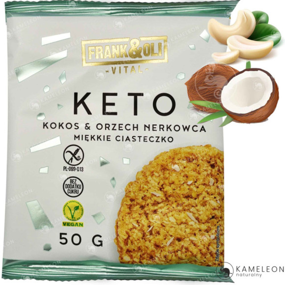 FRANK&OLI KETO MIĘKKIE wegańskie CIASTKO CIASTECZKO KOKOS & NERKOWIEC 50G bez cukru FRANK&OLI KETO MIĘKKIE wegańskie CIASTKO CIASTECZKO KOKOS & NERKOWIEC 50G bez cukru