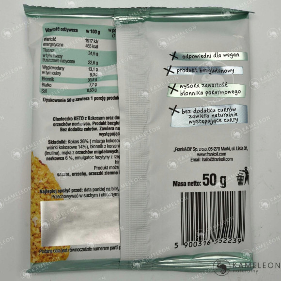 FRANK&OLI KETO MIĘKKIE wegańskie CIASTKO CIASTECZKO KOKOS & NERKOWIEC 50G bez cukru FRANK&OLI KETO MIĘKKIE wegańskie CIASTKO CIASTECZKO KOKOS & NERKOWIEC 50G bez cukru