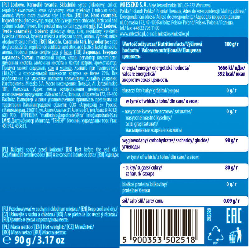 LANDRYNKI LODOWE icy KARMELKI CUKIERKI TWARDE LODOWE 90g MIESZKO Bonbons