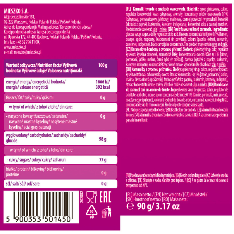 LANDRYNKI OWOCOWE fruity KARMELKI TWARDE O SMAKACH OWOCOWYCH 90g MIESZKO