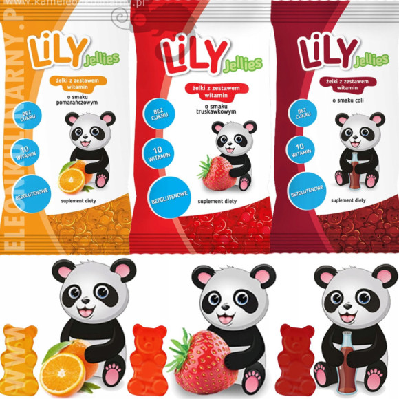 LILY JELLIES ŻELKI BEZ CUKRU Z WITAMINAMI TRUSKAWKA COLA POMARAŃCZA mix 3 LILY JELLIES ŻELKI BEZ CUKRU Z WITAMINAMI TRUSKAWKA COLA POMARAŃCZA mix 3