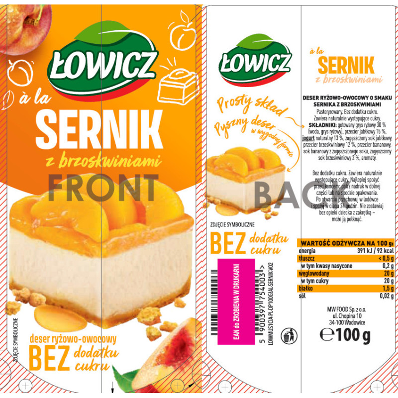 ŁOWICZ MUS deser RYŻOWO OWOCOWY à la SERNIK Z BRZOSKWINIAMI bez Cukru 100G