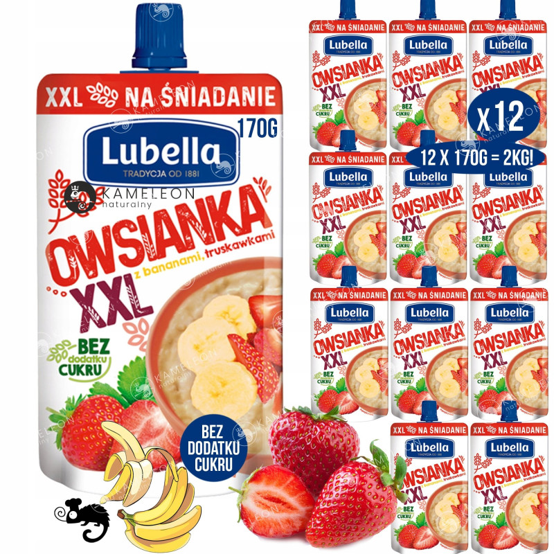 MUS OWSIANKA BANAN TRUSKAWKA bez cukru DUŻA TUBKA 170g x12 2KG LUBELLA