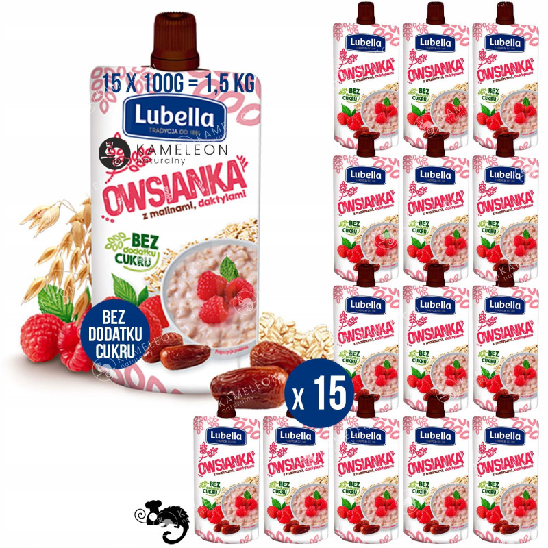 MUS OWSIANKA MALINY DAKTYLE bez CUKRU 100G x15szt 1,5KG LUBELLA