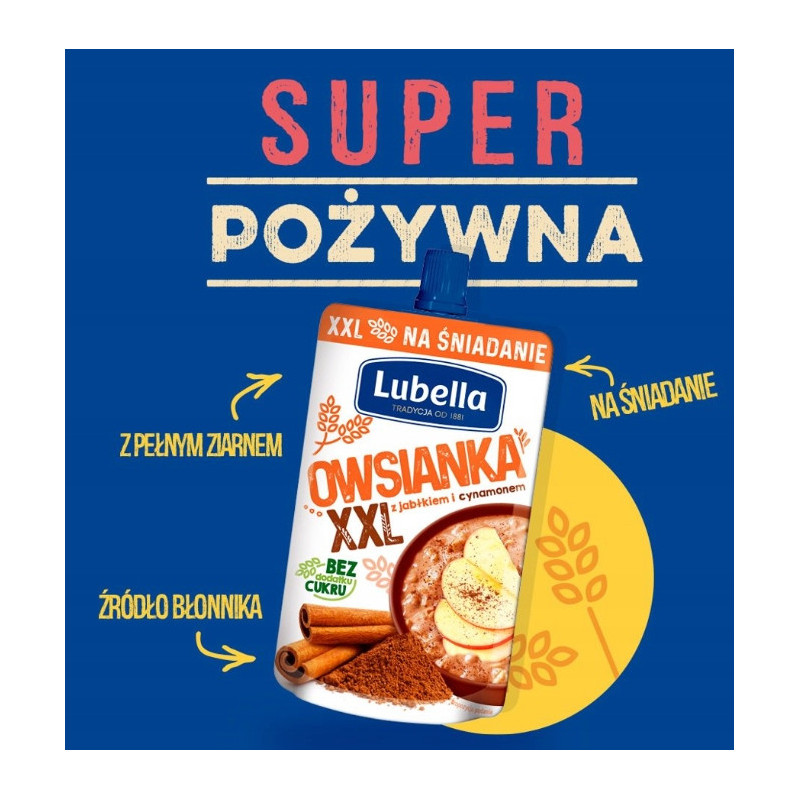MUS OWSIANKA W TUBCE JABŁKO CYNAMON bez cukru DUŻA 170G x12 2KG LUBELLA