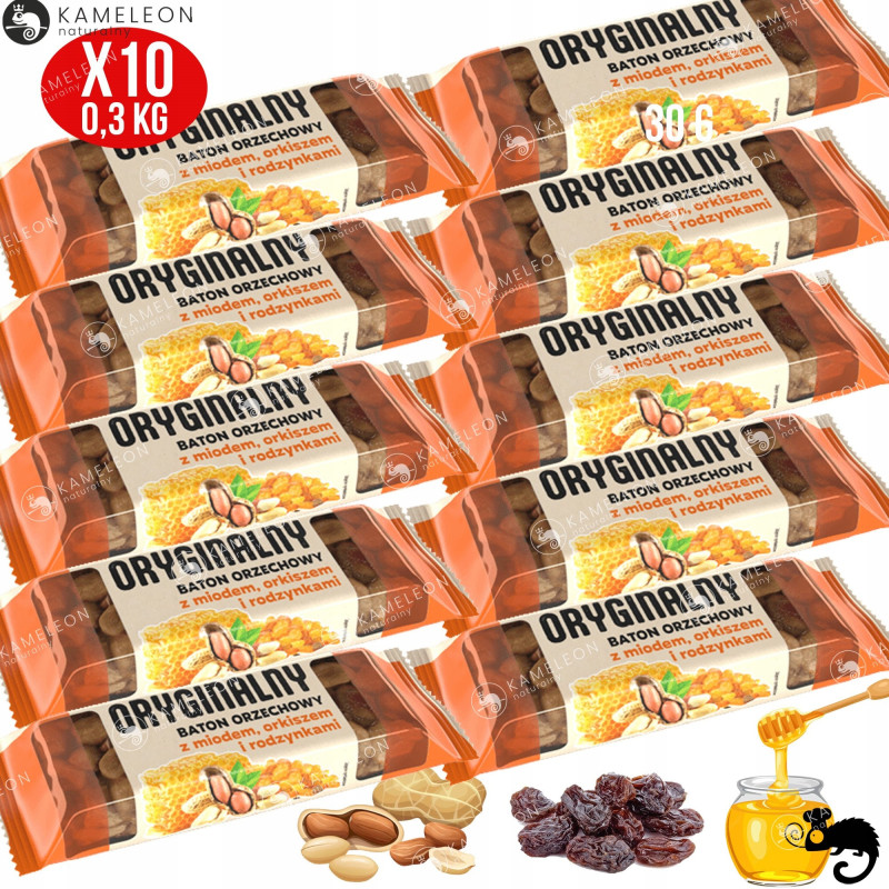 ORYGINALNY BATON ORZECHOWY z MIODEM ORKISZEM RODZYNKAMI 30g x10 300g 0,3KG