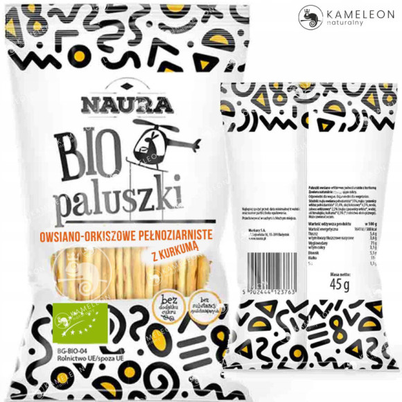 PALUSZKI PEŁNOZIARNISTE EKO owsiano-orkiszowe 45g Z KURKUMĄ KURKUMA naura PALUSZKI PEŁNOZIARNISTE EKO owsiano-orkiszowe 45g Z KURKUMĄ KURKUMA naura