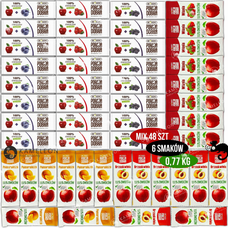 PORCJA DOBRA PRZEKĄSKA 100% OWOCÓW listki MIX SMAKÓW 6x8 48szt x16G 0,77KG