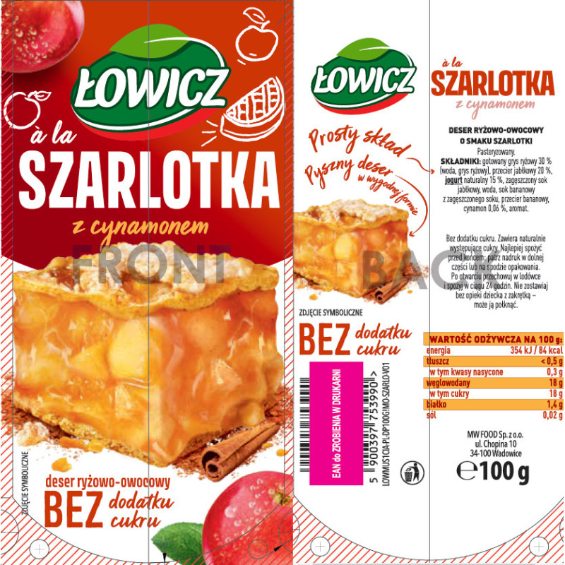 ŁOWICZ MUS deser RYŻOWO OWOCOWY à la SZARLOTKA Z CYNAMONEM bez Cukru 100G