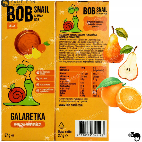ŚLIMAK BOB JELLY GALARETKA przekąska owocowa GRUSZKA POMARAŃCZA 27g x5 135G ŚLIMAK BOB JELLY GALARETKA przekąska owocowa GRUSZKA POMARAŃCZA 27g x5 135G
