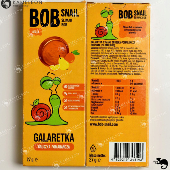 ŚLIMAK BOB JELLY GALARETKA przekąska owocowa GRUSZKA POMARAŃCZA 27g x5 135G ŚLIMAK BOB JELLY GALARETKA przekąska owocowa GRUSZKA POMARAŃCZA 27g x5 135G