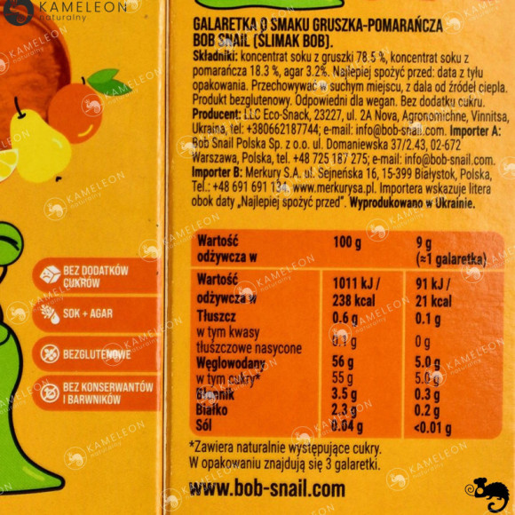 ŚLIMAK BOB JELLY GALARETKA przekąska owocowa GRUSZKA POMARAŃCZA 27g x5 135G ŚLIMAK BOB JELLY GALARETKA przekąska owocowa GRUSZKA POMARAŃCZA 27g x5 135G