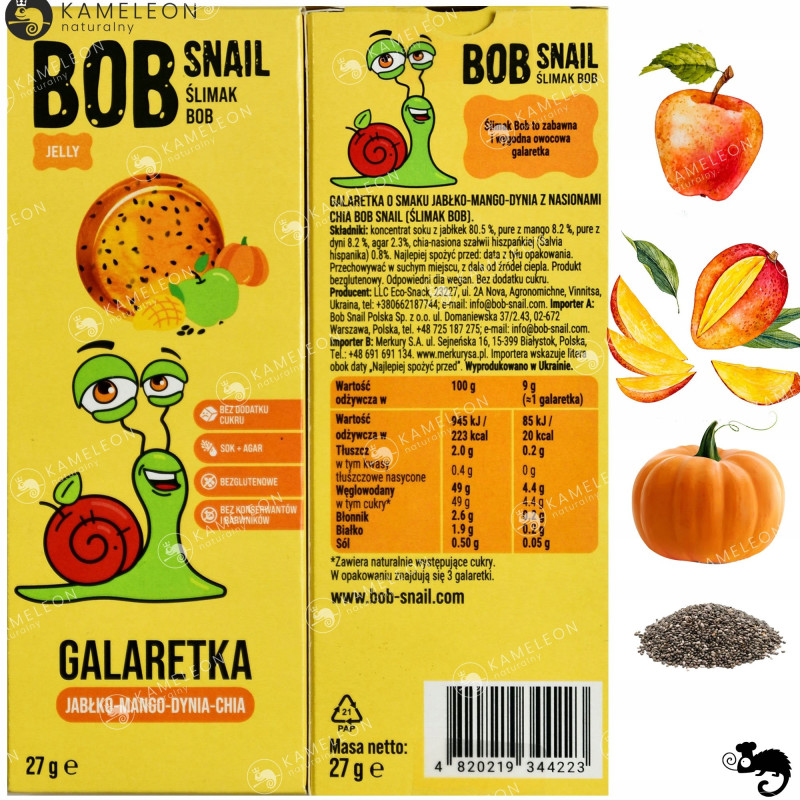 ŚLIMAK BOB JELLY GALARETKA przekąska owocowa JABŁKO MANGO DYNIA CHIA 27g