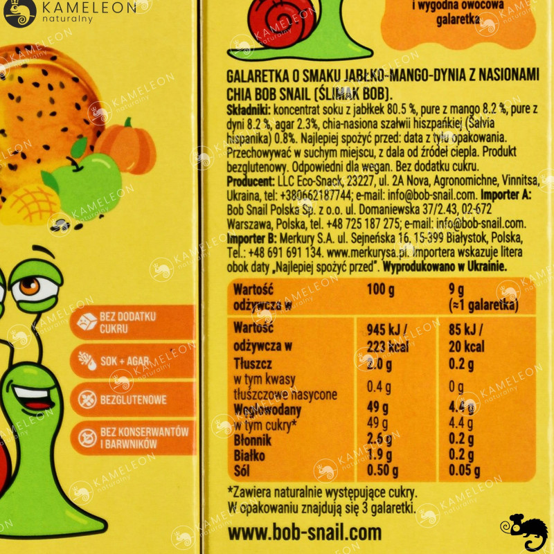 ŚLIMAK BOB JELLY GALARETKA przekąska owocowa JABŁKO MANGO DYNIA CHIA 27g