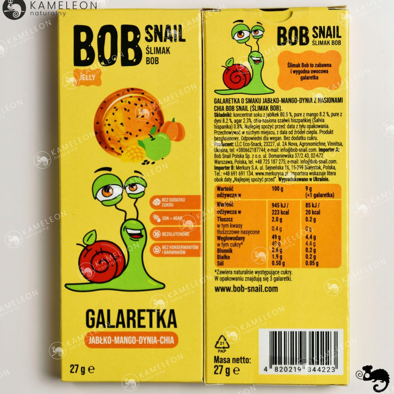 ŚLIMAK BOB JELLY GALARETKA przekąska owocowa JABŁKO MANGO DYNIA CHIA 27g