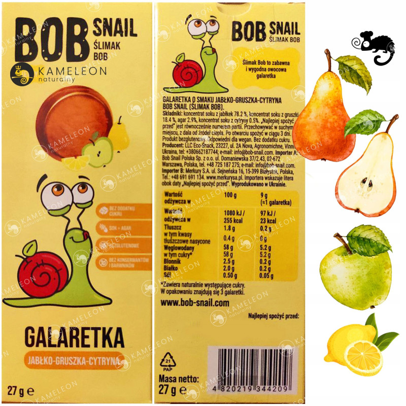 ŚLIMAK BOB PRZEKĄSKA GALARETKA OWOCOWA Jelly JABŁKO GRUSZKA CYTRYNA 27g