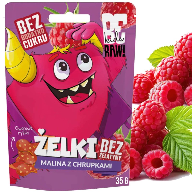 BE RAW KIDS żelki bez cukru żelatyny MALINA z CHRUPKAMI