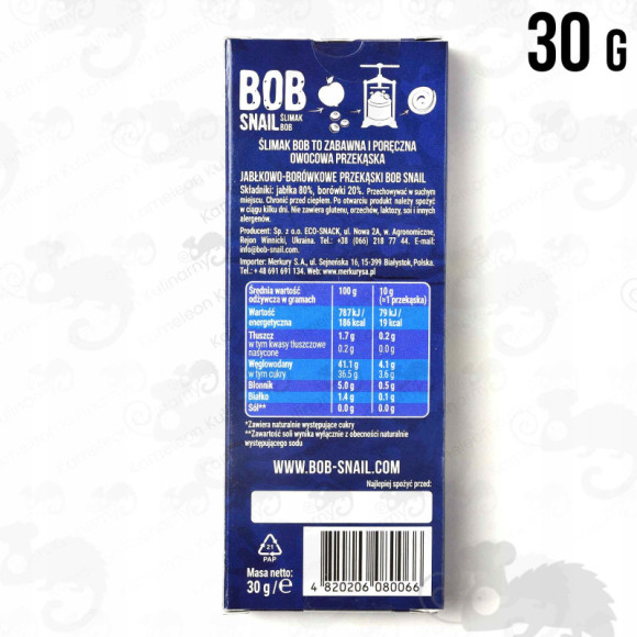 ŚLIMAK BOB SNAIL PRZEKĄSKA bez cukru glutenu JABŁKO-BORÓWKA 30G 5szt 150G ŚLIMAK BOB SNAIL PRZEKĄSKA bez cukru glutenu JABŁKO-BORÓWKA 30G 5szt 150G