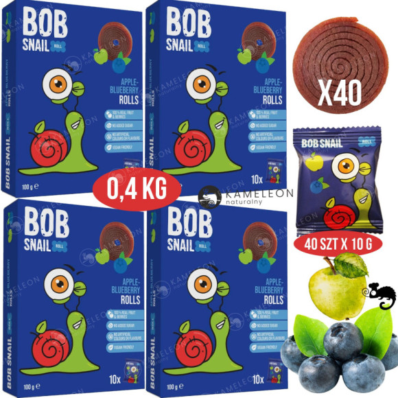 ŚLIMAK BOB SNAIL przekąska BEZ CUKRU JABŁKO BORÓWKA 10g x40 100G x4 0,4KG ŚLIMAK BOB SNAIL przekąska BEZ CUKRU JABŁKO BORÓWKA 10g x40 100G x4 0,4KG