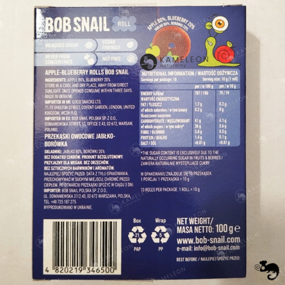 ŚLIMAK BOB SNAIL przekąska BEZ CUKRU JABŁKO BORÓWKA 10g x40 100G x4 0,4KG ŚLIMAK BOB SNAIL przekąska BEZ CUKRU JABŁKO BORÓWKA 10g x40 100G x4 0,4KG