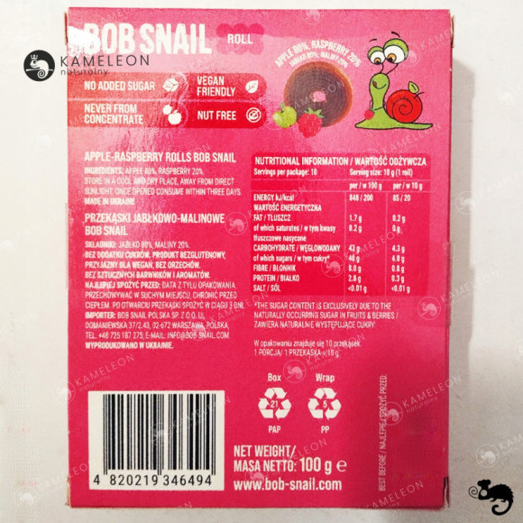 ŚLIMAK BOB SNAIL przekąska BEZ CUKRU JABŁKO MALINA 10g x40szt 100G x4 0,4KG ŚLIMAK BOB SNAIL przekąska BEZ CUKRU JABŁKO MALINA 10g x40szt 100G x4 0,4KG