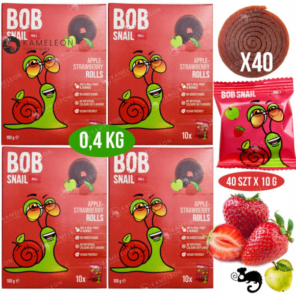ŚLIMAK BOB SNAIL przekąska BEZ CUKRU JABŁKO TRUSKAWKA 10g x40 100G x4 0,4KG ŚLIMAK BOB SNAIL przekąska BEZ CUKRU JABŁKO TRUSKAWKA 10g x40 100G x4 0,4KG