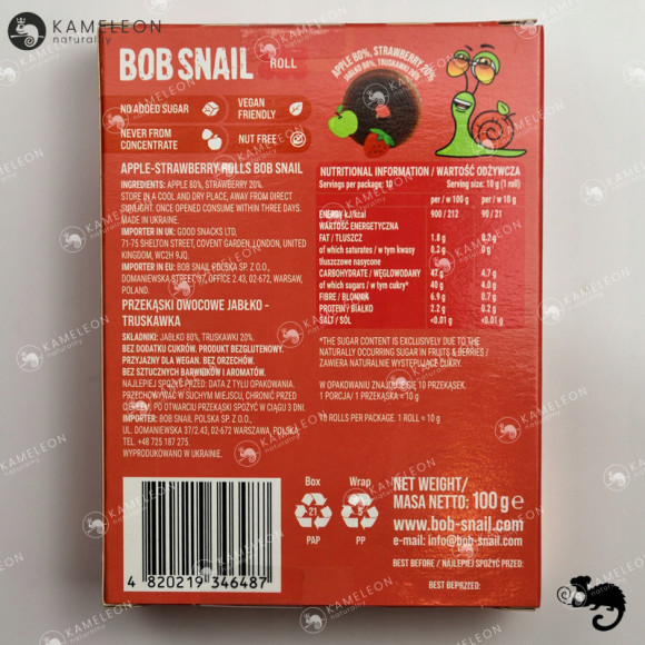 ŚLIMAK BOB SNAIL przekąska BEZ CUKRU JABŁKO TRUSKAWKA 10g x40 100G x4 0,4KG ŚLIMAK BOB SNAIL przekąska BEZ CUKRU JABŁKO TRUSKAWKA 10g x40 100G x4 0,4KG