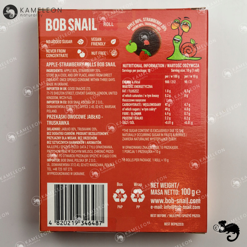 ŚLIMAK BOB SNAIL przekąska BEZ CUKRU JABŁKO TRUSKAWKA 10g x40 100G x4 0,4KG