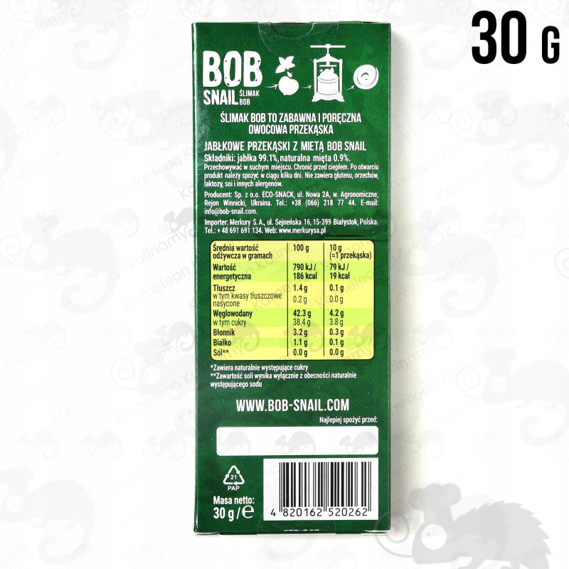 ŚLIMAK BOB SNAIL PRZEKĄSKA JABŁKOWO-MIĘTOWA jabłko Mięta bez cukru 30G