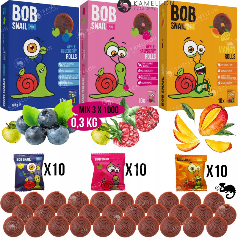 ŚLIMAK BOB SNAIL przekąska mix MANGO MALINA BORÓWKA 10gx30szt 100g x3 0,3KG