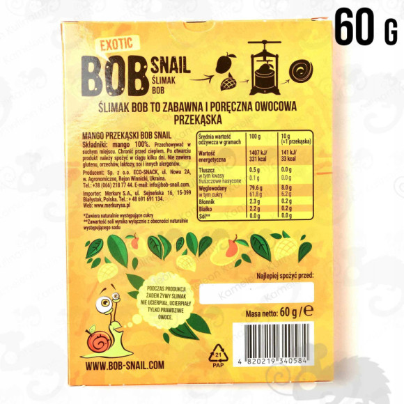 ŚLIMAK BOB SNAIL PRZEKĄSKA OWOCOWA 100% MANGO 60g ŚLIMAK BOB SNAIL PRZEKĄSKA OWOCOWA 100% MANGO 60g