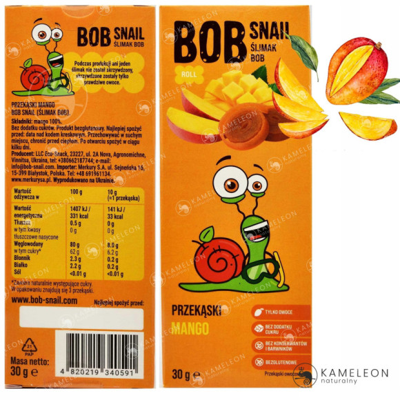 ŚLIMAK BOB SNAIL przekąska owocowa bez cukru glutenu 100% MANGO 30G ŚLIMAK BOB SNAIL przekąska owocowa bez cukru glutenu 100% MANGO 30G