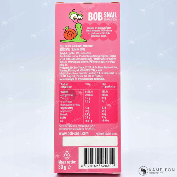 ŚLIMAK BOB SNAIL PRZEKĄSKA OWOCOWA bez cukru JABŁKO-MALINA 30G x5 150G ŚLIMAK BOB SNAIL PRZEKĄSKA OWOCOWA bez cukru JABŁKO-MALINA 30G x5 150G