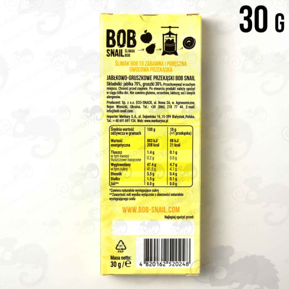 ŚLIMAK BOB SNAIL PRZEKĄSKA OWOCOWA bez cukru JABŁKOWO-GRUSZKOWA Gruszka 30G ŚLIMAK BOB SNAIL PRZEKĄSKA OWOCOWA bez cukru JABŁKOWO-GRUSZKOWA Gruszka 30G