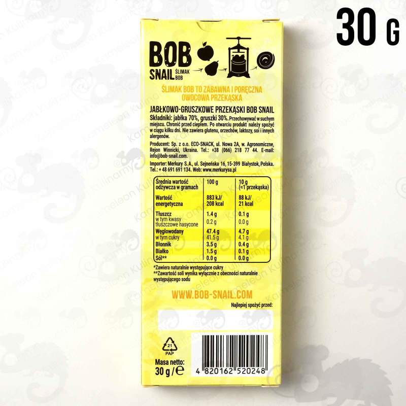 ŚLIMAK BOB SNAIL PRZEKĄSKA OWOCOWA bez cukru JABŁKOWO-GRUSZKOWA Gruszka 30G