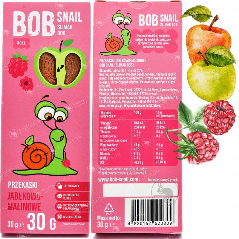 ŚLIMAK BOB SNAIL PRZEKĄSKA OWOCOWA bez cukru JABŁKOWO-MALINOWA MALINA 30G