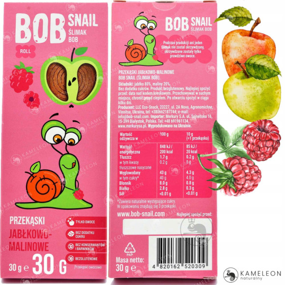 ŚLIMAK BOB SNAIL PRZEKĄSKA OWOCOWA bez cukru JABŁKOWO-MALINOWA MALINA 30G ŚLIMAK BOB SNAIL PRZEKĄSKA OWOCOWA bez cukru JABŁKOWO-MALINOWA MALINA 30G