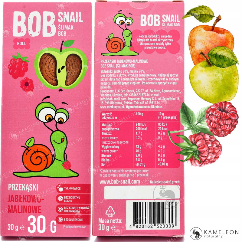 ŚLIMAK BOB SNAIL PRZEKĄSKA OWOCOWA bez cukru JABŁKOWO-MALINOWA MALINA 30G