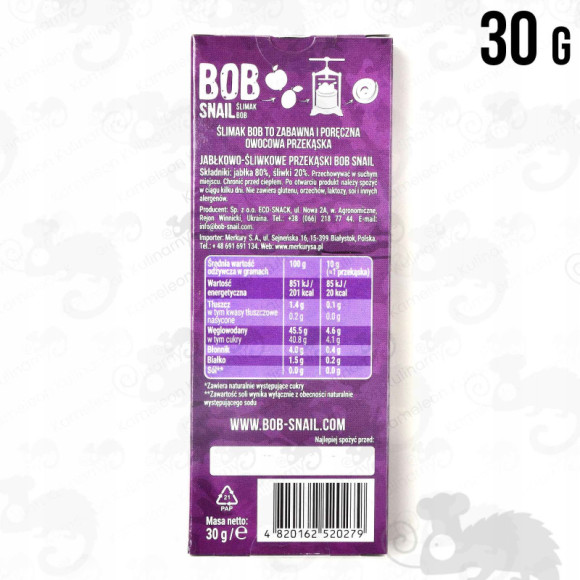 ŚLIMAK BOB SNAIL PRZEKĄSKA OWOCOWA BEZ CUKRU JABŁKOWO-ŚLIWKOWA Śliwka 30G ŚLIMAK BOB SNAIL PRZEKĄSKA OWOCOWA BEZ CUKRU JABŁKOWO-ŚLIWKOWA Śliwka 30G