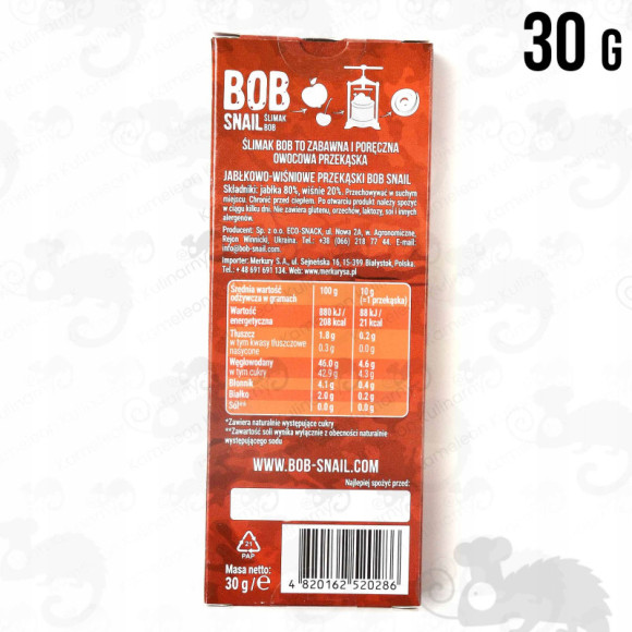 ŚLIMAK BOB SNAIL PRZEKĄSKA OWOCOWA BEZ CUKRU JABŁKOWO-WIŚNIOWA Wiśnia 30G ŚLIMAK BOB SNAIL PRZEKĄSKA OWOCOWA BEZ CUKRU JABŁKOWO-WIŚNIOWA Wiśnia 30G